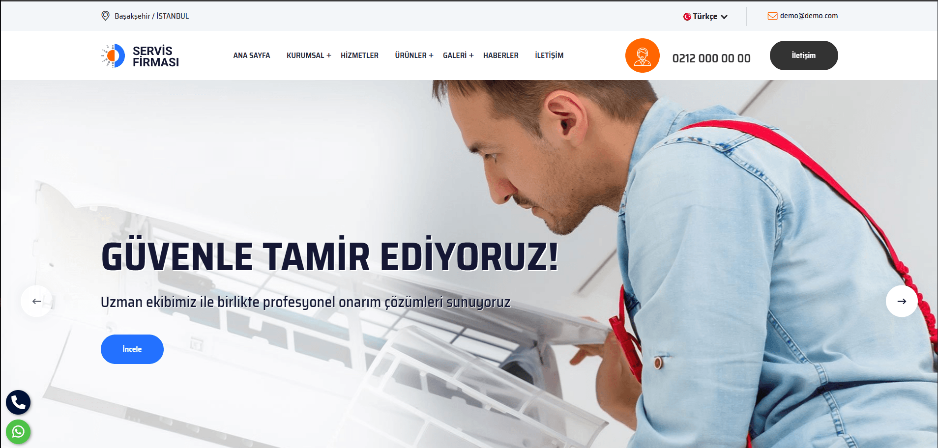 Beyaz eşya, klima ve kombi servisi hazır web sitesi script teması önizlemesi
