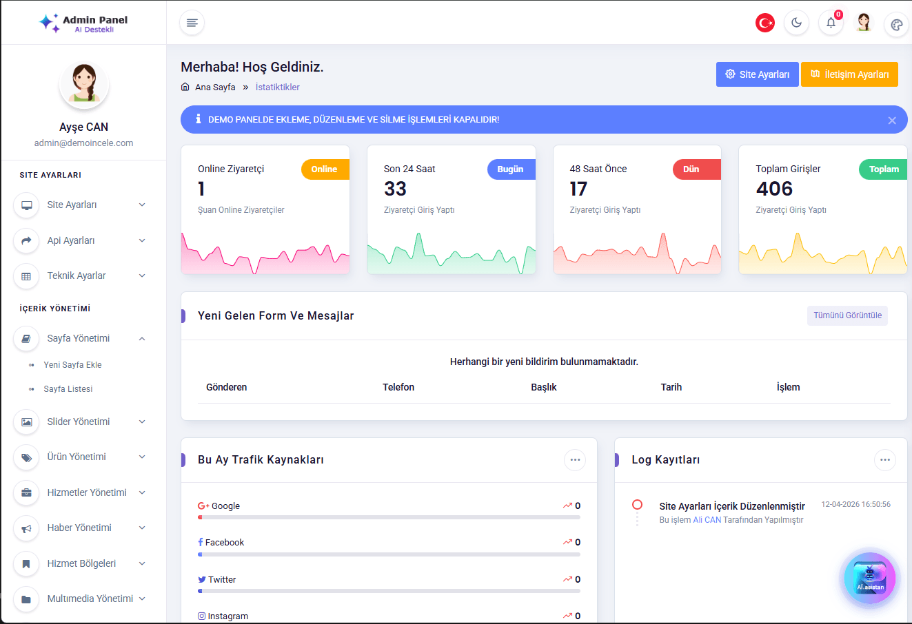 Hazır web sitesi Türkçe yönetim paneli — örnek istatistik ve içerik yönetimi ekranı