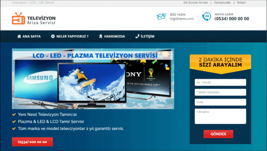 TV ve uydu servisi hazır web sitesi demo ekran görüntüsü