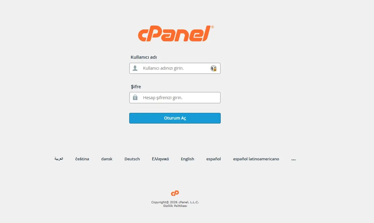 cpanel giriş ekranı