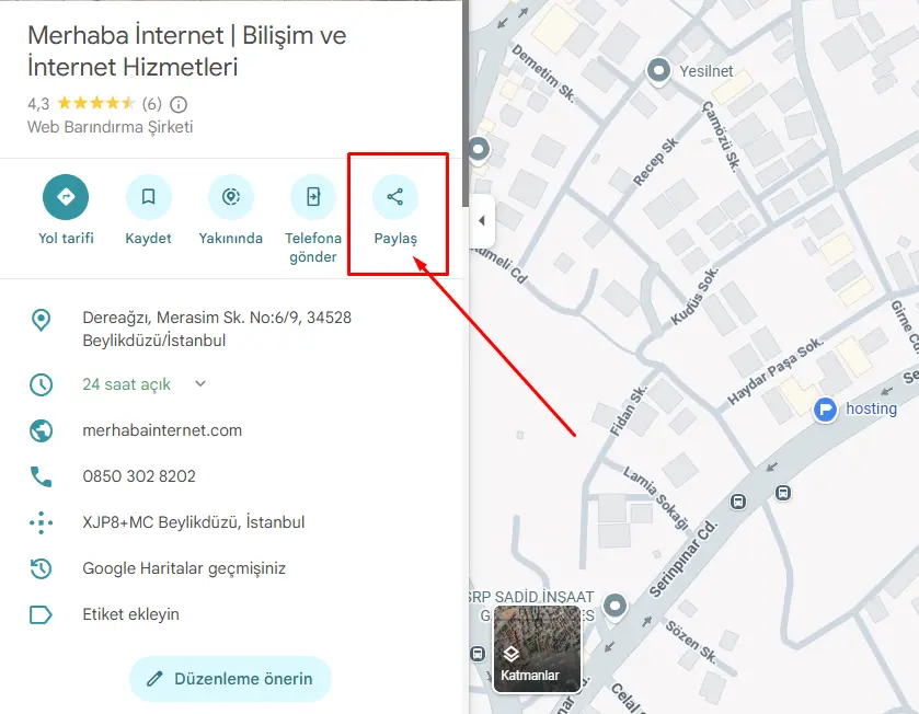 Google Haritalar işletme sayfasında Paylaş butonu