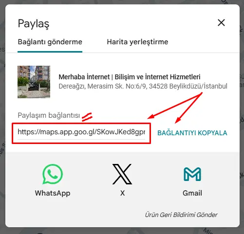 Google Haritalar paylaş penceresinde link kopyalama