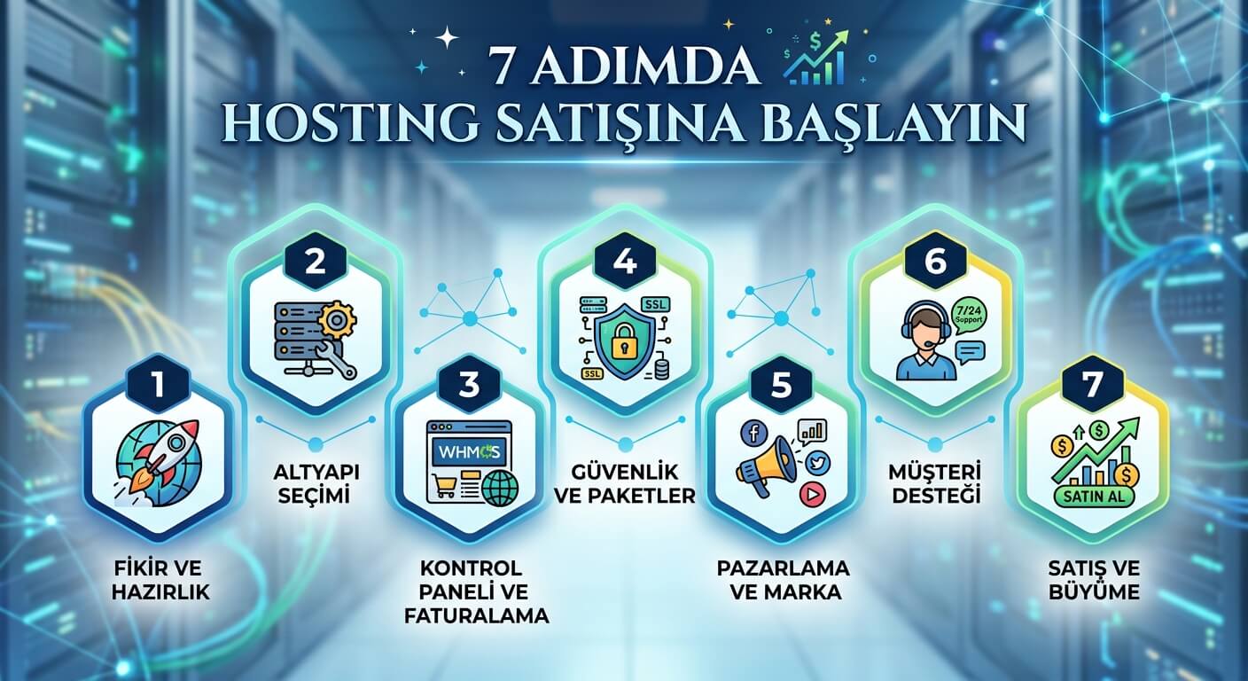 7 adımda hosting satışına başlama: marka seçimi, bayi paketi, white label kurulumu, WHM paketleri, otomasyon, satış sitesi ve ilk müşteriler