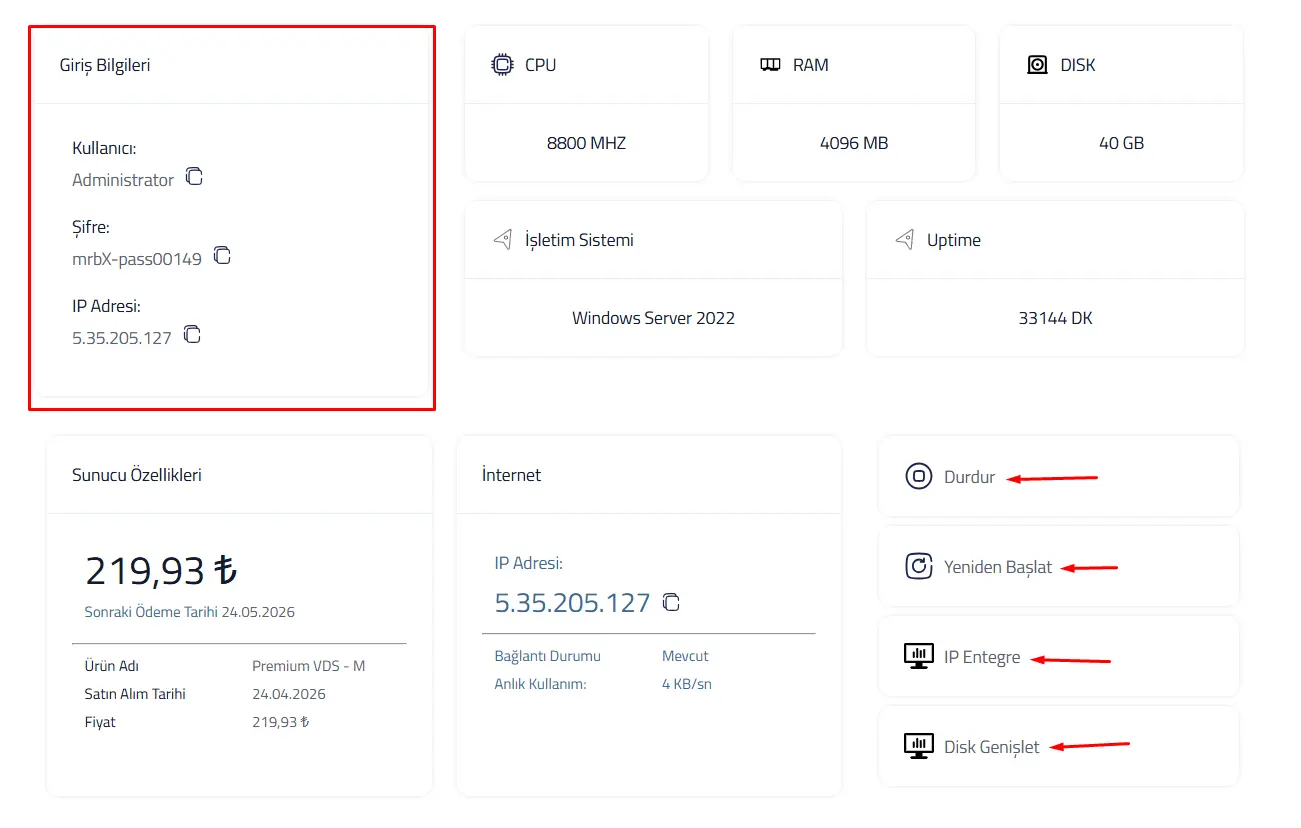Bulut sunucu kontrol paneli: durum göstergesi, CPU RAM disk kullanımı, başlat durdur ve yeniden başlat butonları.