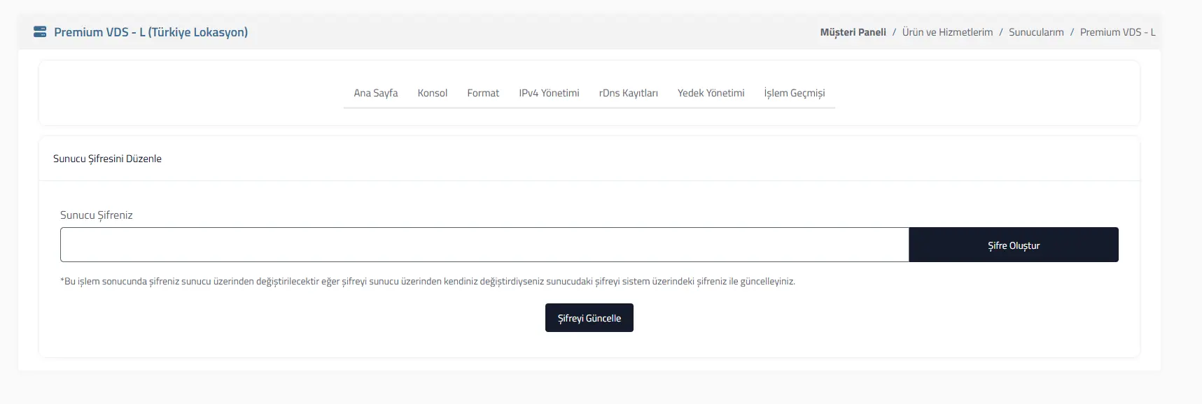 Bulut sunucu şifre değiştirme: root veya administrator parolası güncelleme ekranı.
