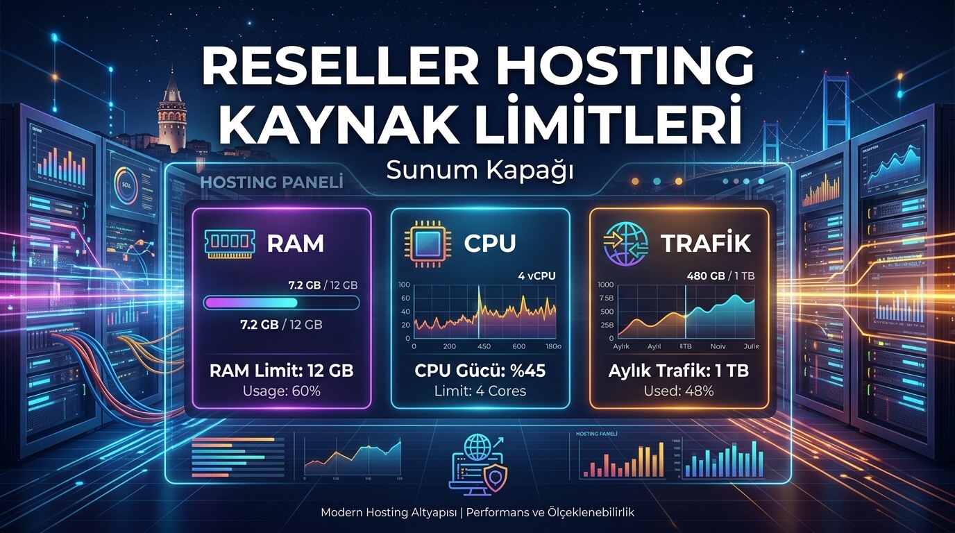 Reseller hosting kaynak limitleri: CPU, RAM, I/O, entry processes, NPROC ve inode değerlerini gösteren görsel