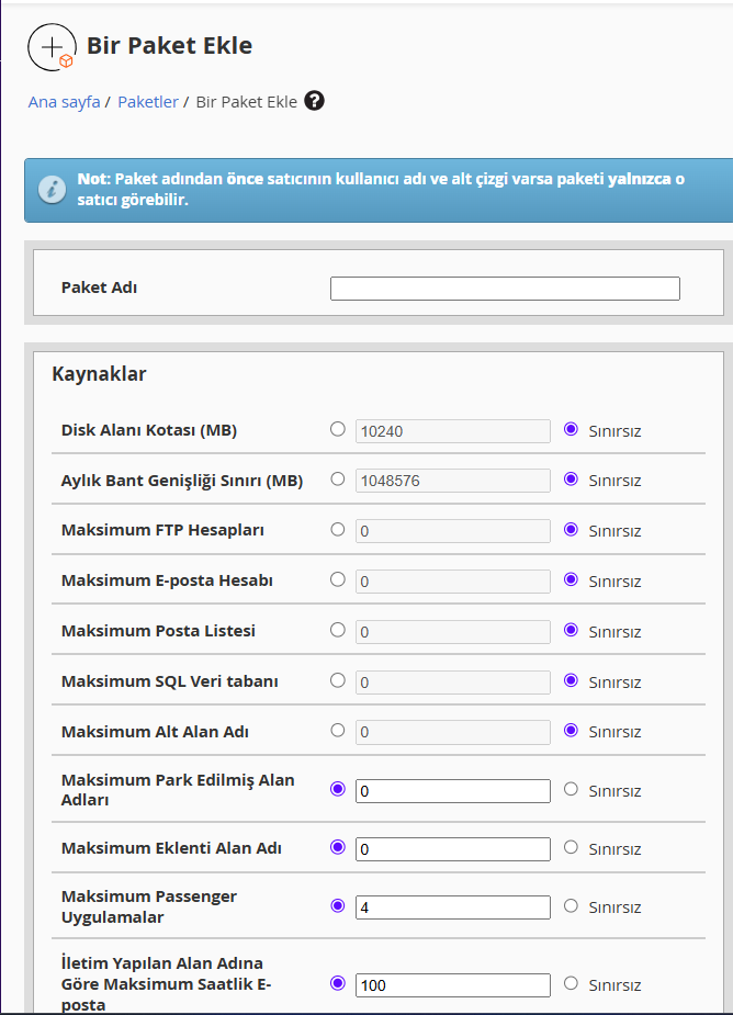 WHM Add a Package ekranında reseller hosting paketi oluşturma adımları