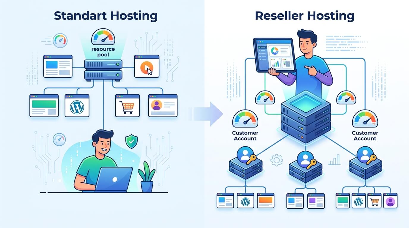 Reseller hosting ile normal hosting arasındaki farkları gösteren karşılaştırma görseli