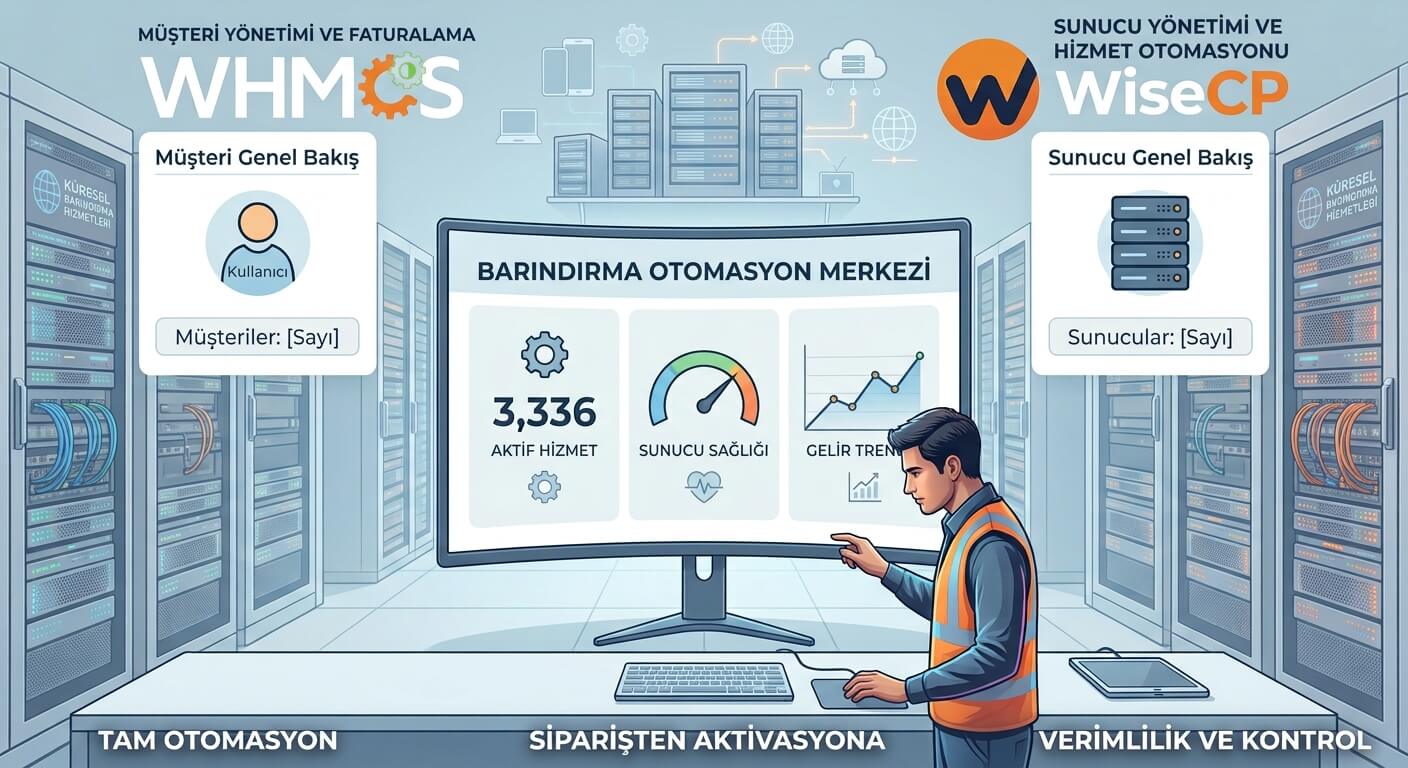 WHMCS ve WISECP hosting otomasyon panellerini tanıtan görsel