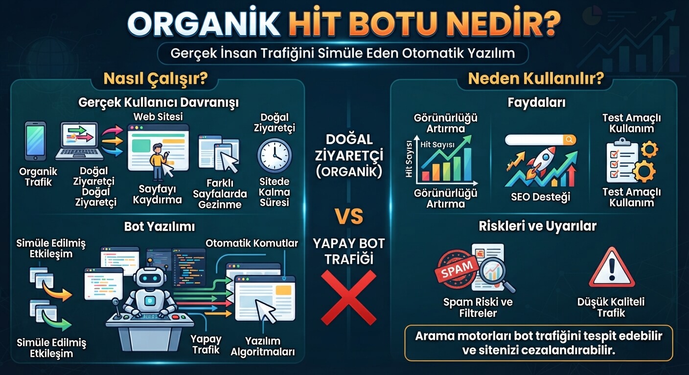 Organik hit botunun tarayıcı üzerinden yapay ziyaret üretmesini anlatan şema görseli