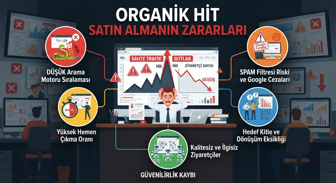Organik hit satın almanın zararlarını geçersiz trafik uyarısıyla anlatan görsel