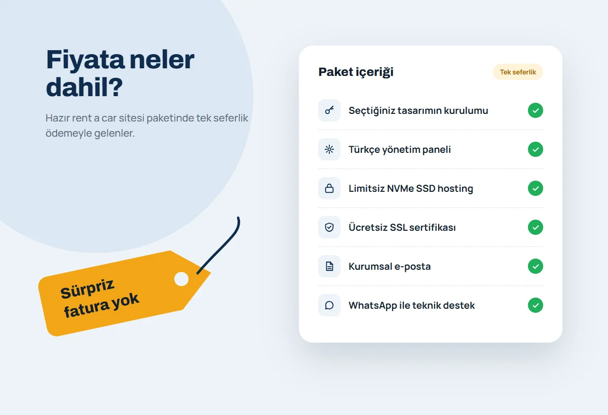 Araç kiralama hazır web sitesi fiyatlarına dahil olan kurulum, hosting, SSL ve destek
