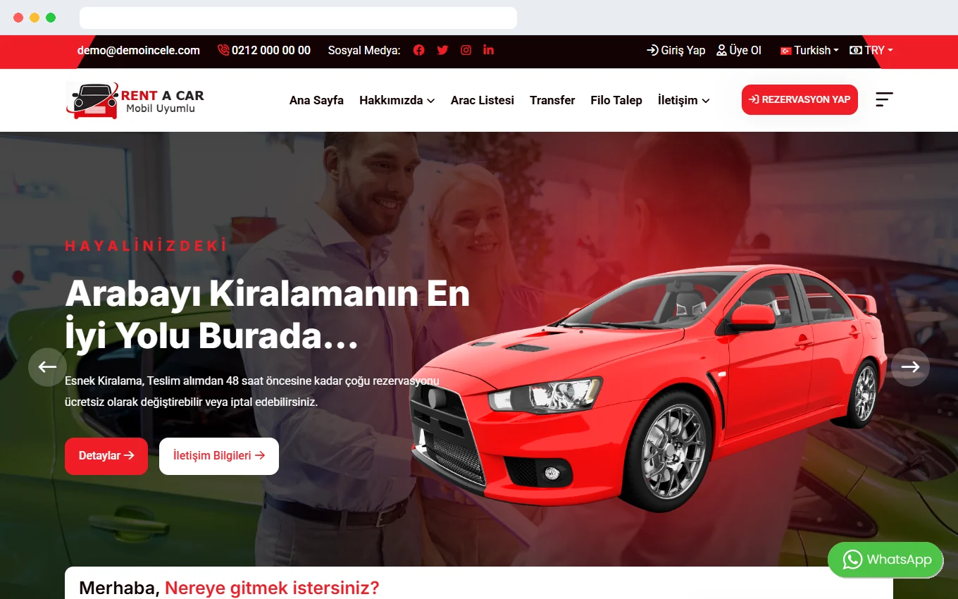 Filo talep formlu araç kiralama scripti demo ekran görüntüsü, kırmızı tonlu slider tasarımı