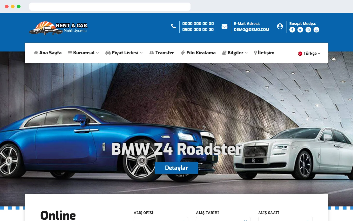 Gün aralığı fiyatlı rent a car sitesi demo ekran görüntüsü, mavi tema ve online rezervasyon formu