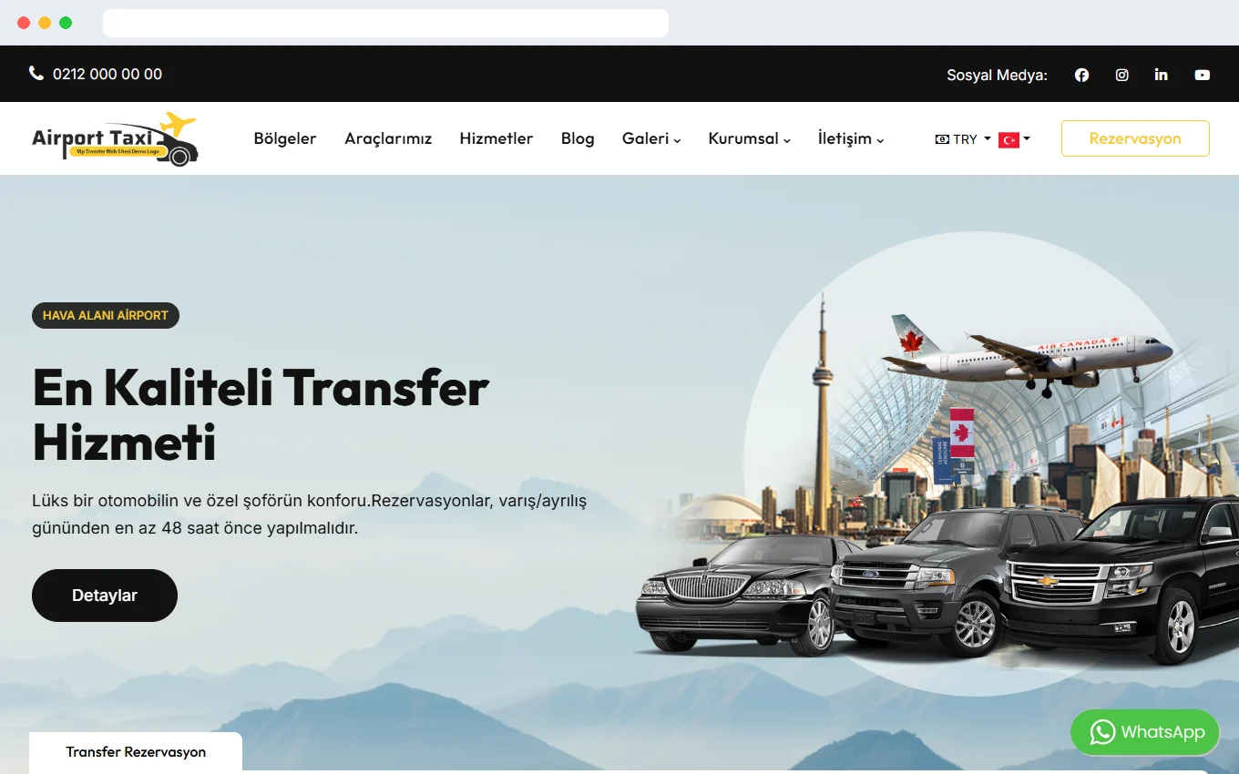 Havalimanı transfer ve taksi hazır sitesi demo ekran görüntüsü, açık renkli tasarım
