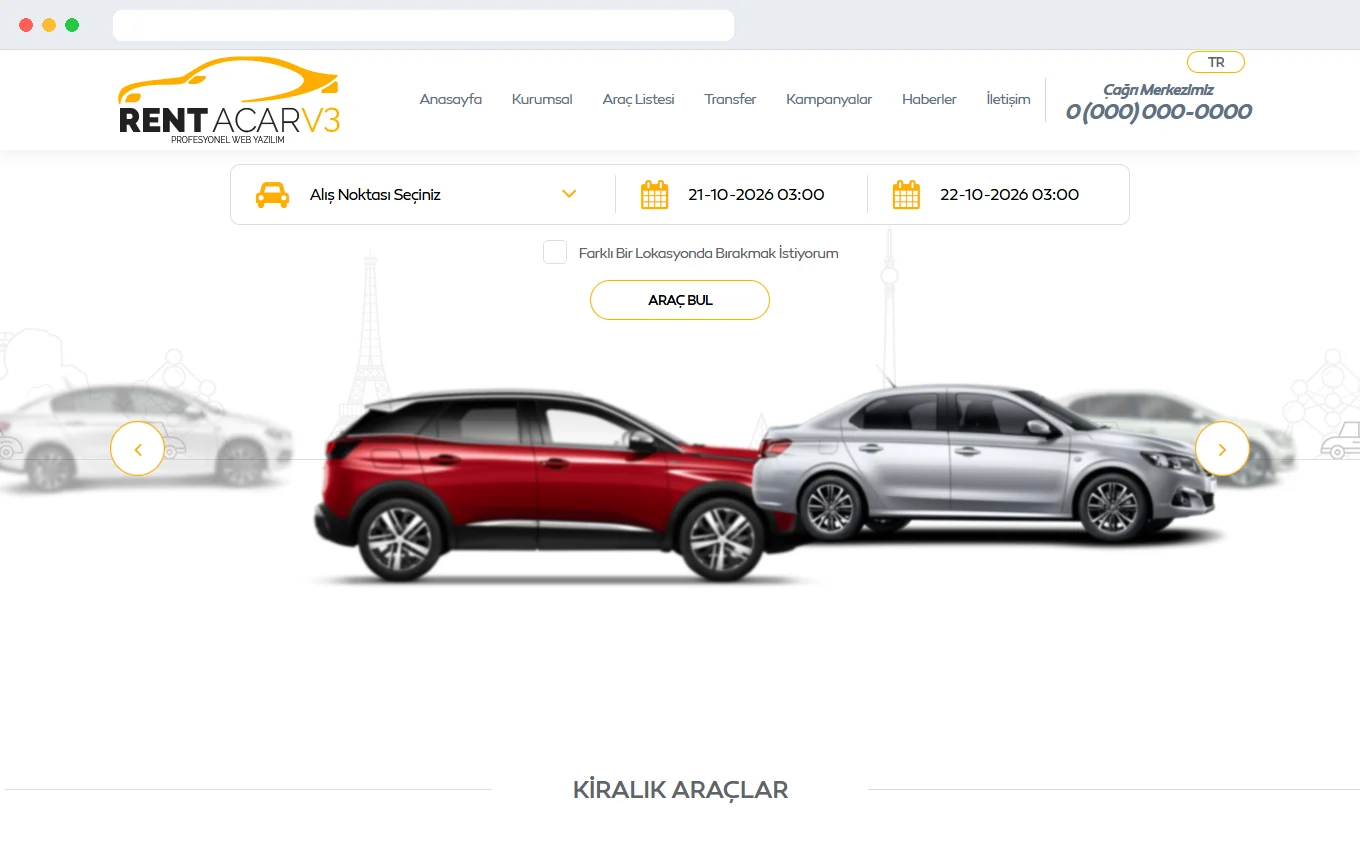 Lokasyon seçimli oto kiralama scripti demo ekran görüntüsü, alış noktası ve tarih seçilen arama çubuğu
