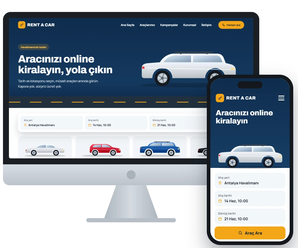 Hazır rent a car sitesi, bilgisayar ve telefon ekranında online rezervasyonlu araç kiralama sitesi