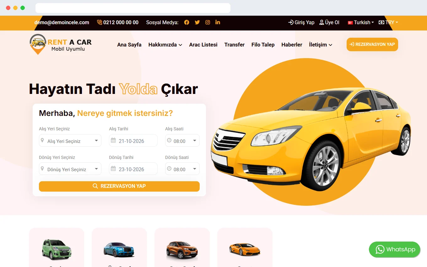 Sezonluk fiyatlı rent a car scripti demo ekran görüntüsü, alış ve dönüş yeri seçilen rezervasyon formu