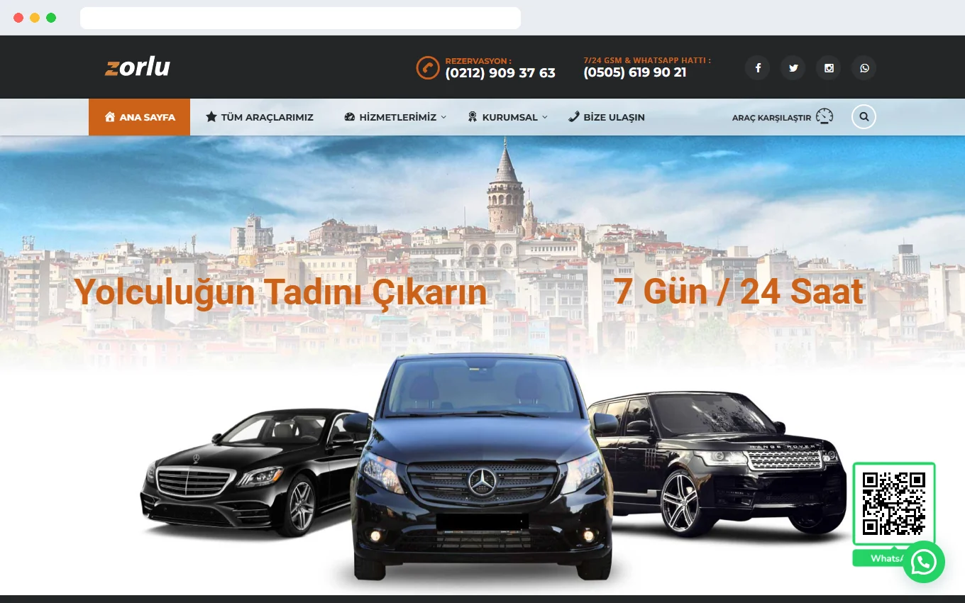 Şoförlü ve VIP araç kiralama teması demo ekran görüntüsü, araç tipine göre filtreli vitrin