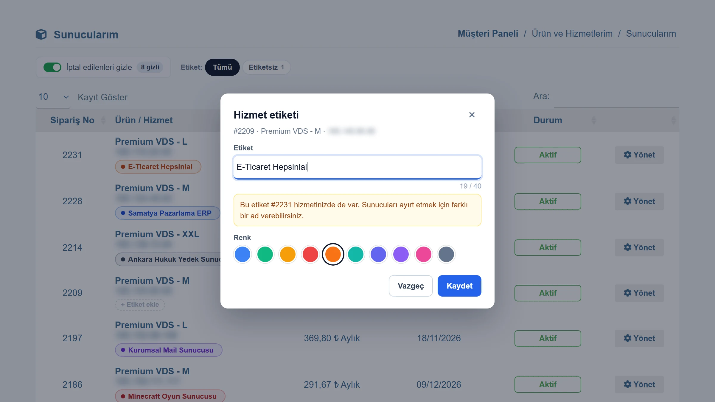 Aynı ad uyarısı: E-Ticaret Hepsinial etiketi başka bir sunucuda da var notu, turuncu renk seçili, kayıt engellenmeden Kaydet düğmesi açık