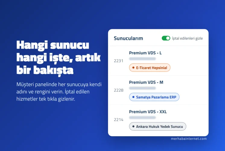 Sunucu etiketi duyurusu: Sunucularım listesinde E-Ticaret Hepsinial, Samatya Pazarlama ERP ve Ankara Hukuk Yedek Sunucu etiketli üç sunucu ve iptal edilenleri gizle anahtarı