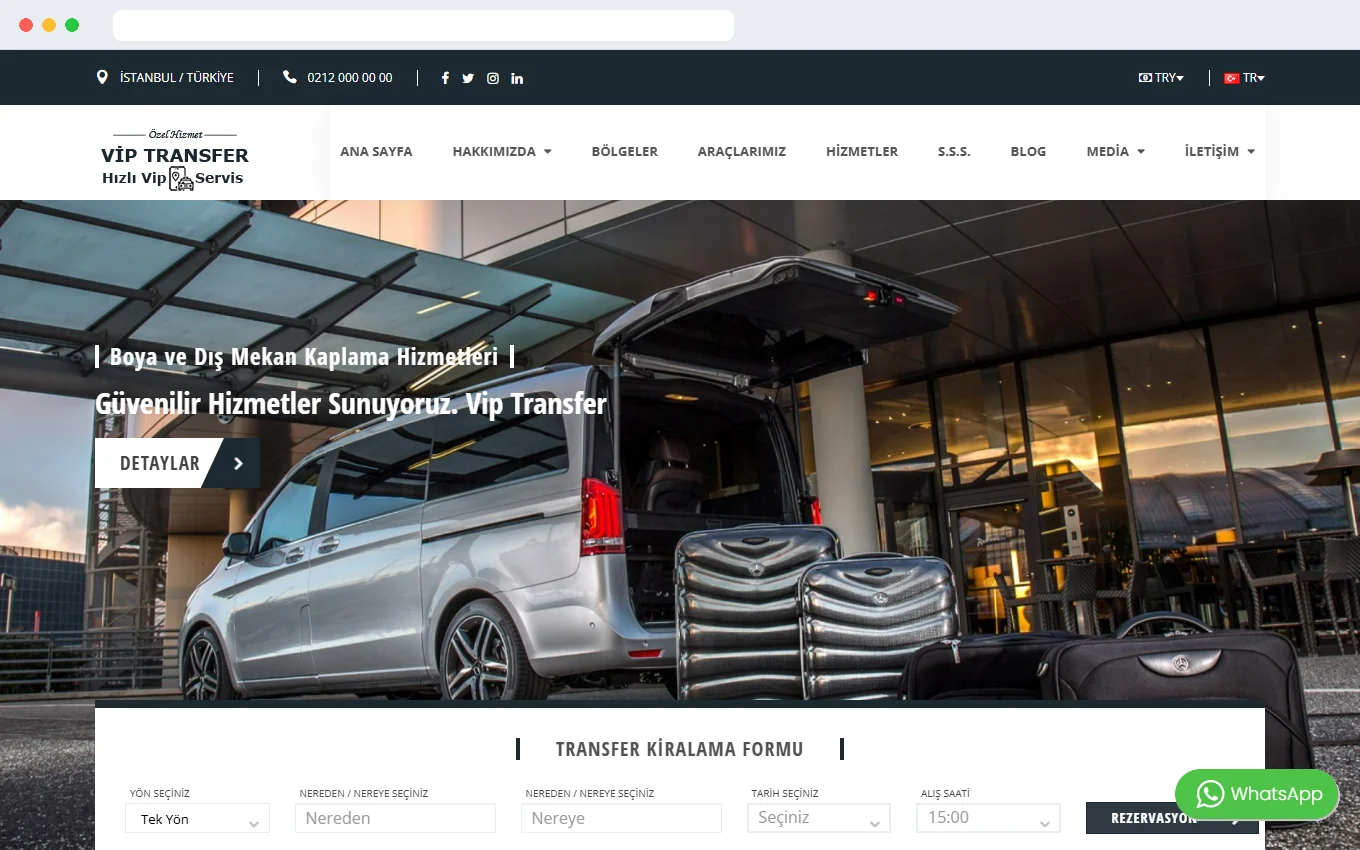VIP transfer kiralama hazır sitesi demo ekran görüntüsü, transfer rezervasyon formu