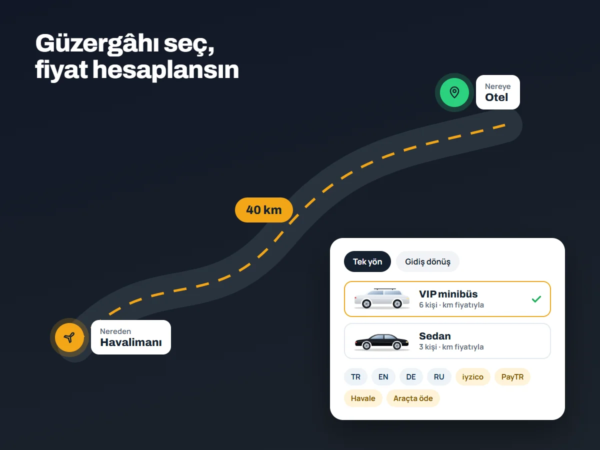 VIP transfer scriptinde güzergâh bazlı fiyat: havalimanından otele 40 km, araç seçimi, tek yön veya gidiş dönüş, dil ve ödeme seçenekleri